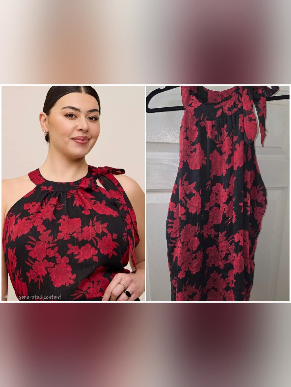 Tie-Shoulder Floral Sleevless Blouse in Black and Red